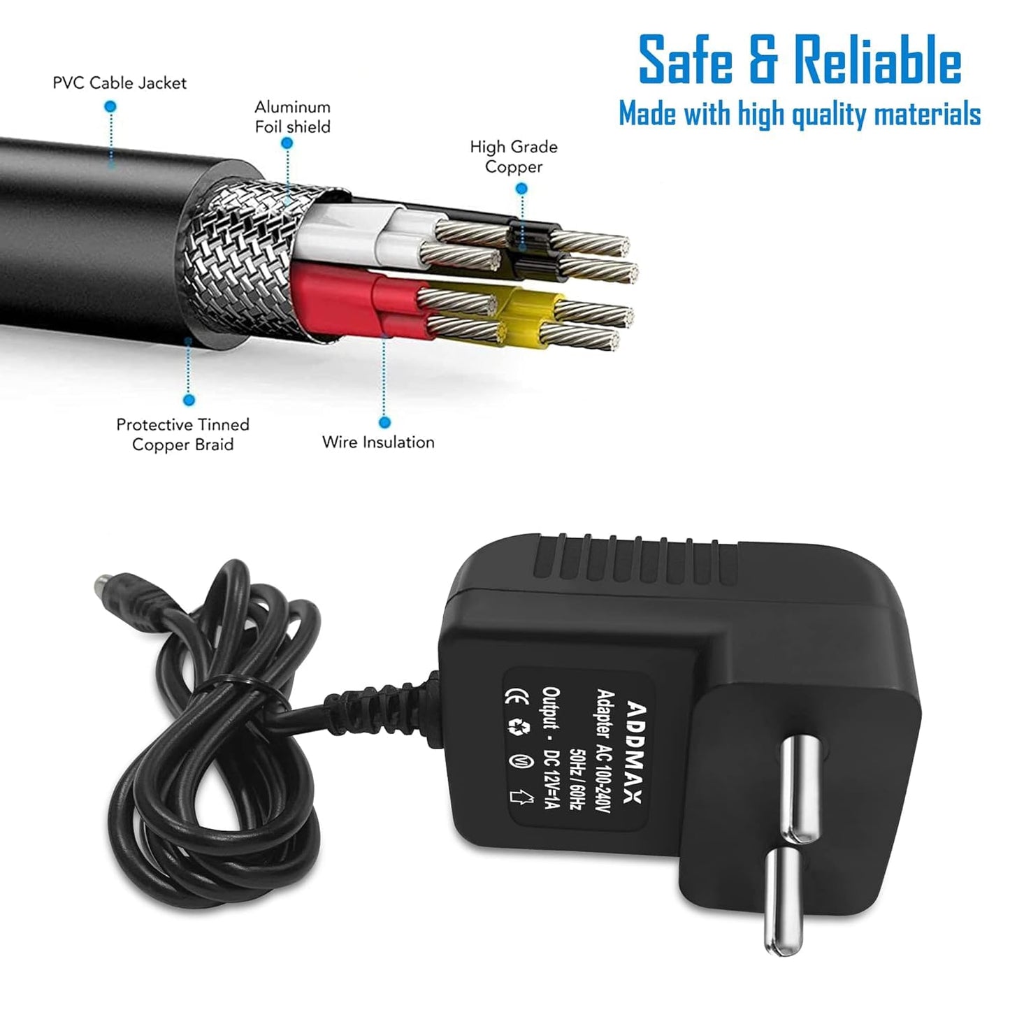 ADDMAX 1AMP DC Power Adapter Powers Supply (AC Input 100-240V Dc Output 12 Volt 1 Amps) CCTV Camera, SMPS for LCD Monitor, Router Modem