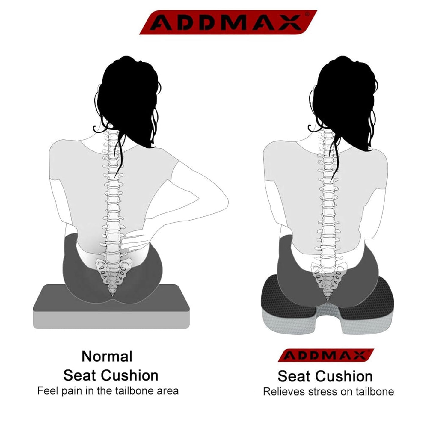 ADDMAX Orthopedic Coccyx Seat Cushion (High Density Memory Foam) for Hip, Tailbone, Sciatica Pain Relief