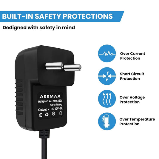 ADDMAX 1AMP DC Power Adapter Powers Supply (AC Input 100-240V Dc Output 12 Volt 1 Amps) CCTV Camera, SMPS for LCD Monitor, Router Modem