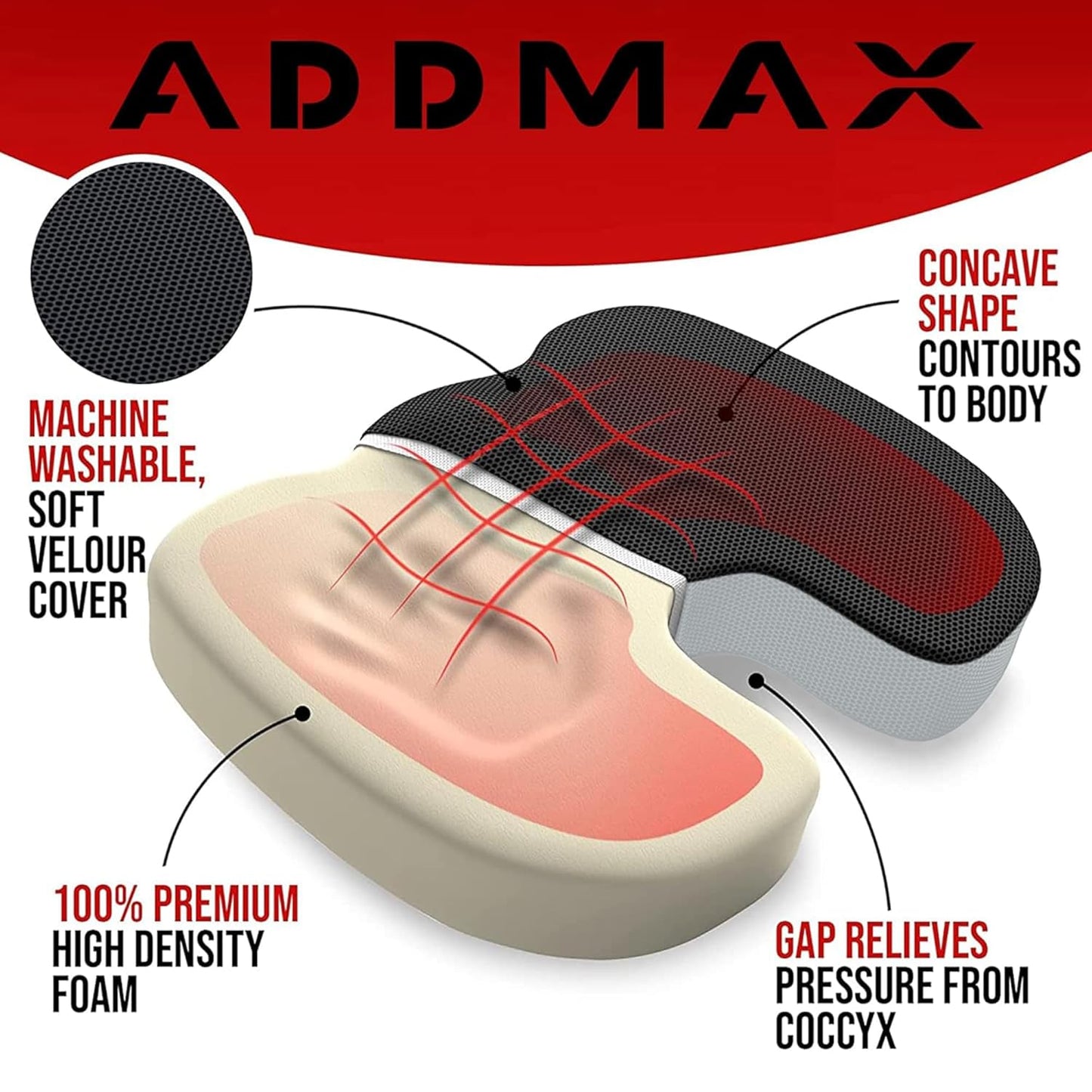 ADDMAX Orthopedic Coccyx Seat Cushion (High Density Memory Foam) for Hip, Tailbone, Sciatica Pain Relief